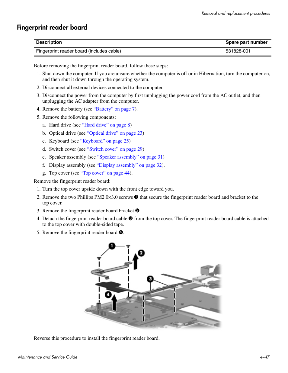 Fingerprint reader board, Fingerprint reader board –47 | HP DV3 User Manual | Page 109 / 182