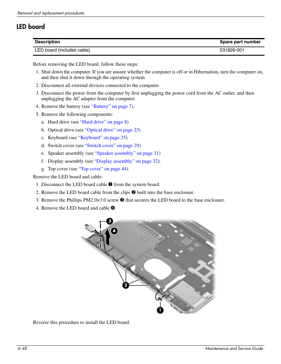 Led board, Led board –48 | HP DV3 User Manual | Page 110 / 182