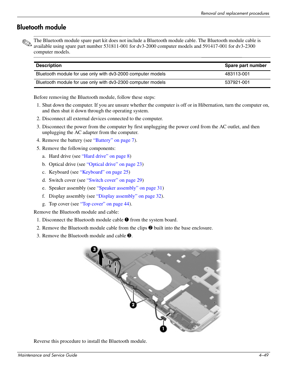 Bluetooth module, Bluetooth module –49 | HP DV3 User Manual | Page 111 / 182