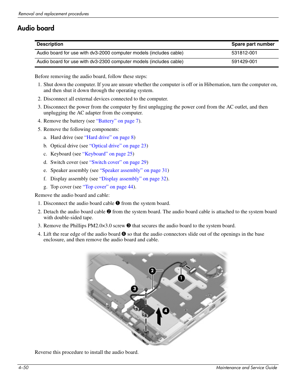 Audio board, Audio board –50 | HP DV3 User Manual | Page 112 / 182