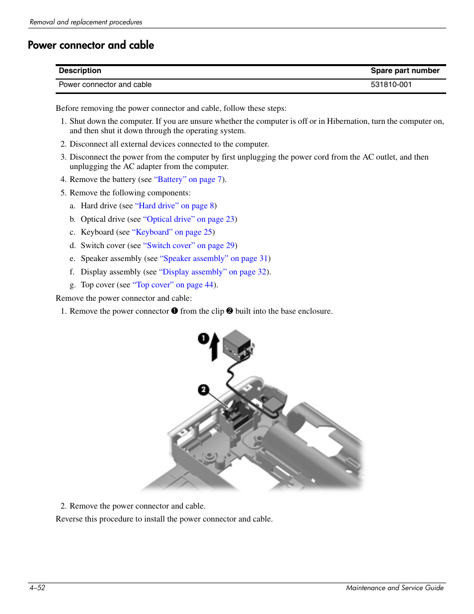 Power connector and cable, Power connector and cable –52 | HP DV3 User Manual | Page 114 / 182