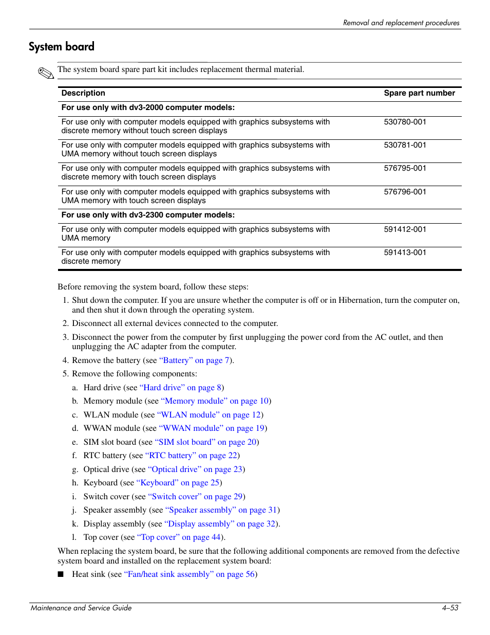 System board, System board –53 | HP DV3 User Manual | Page 115 / 182