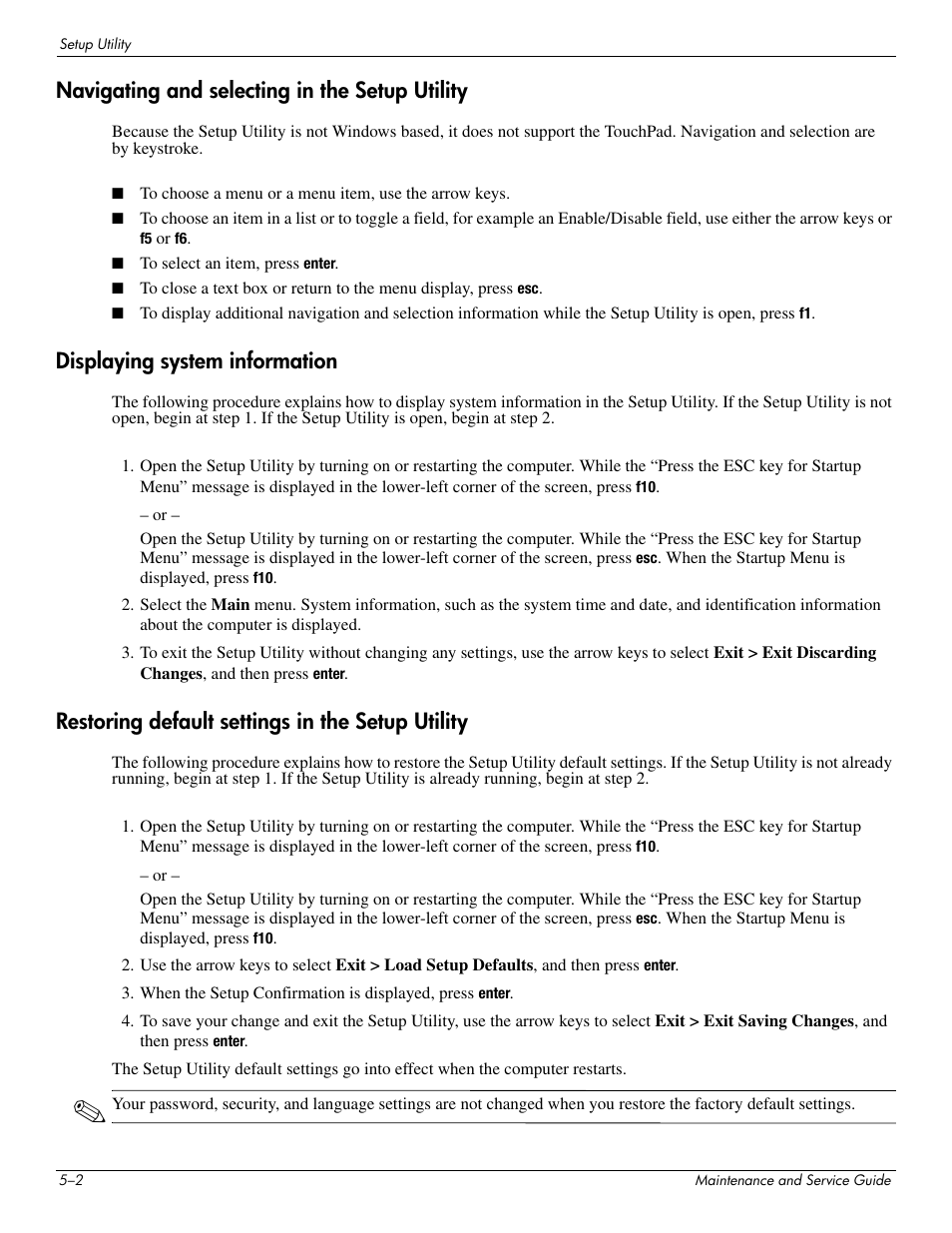 Navigating and selecting in the setup utility, Displaying system information, Restoring default settings in the setup utility | HP DV3 User Manual | Page 126 / 182
