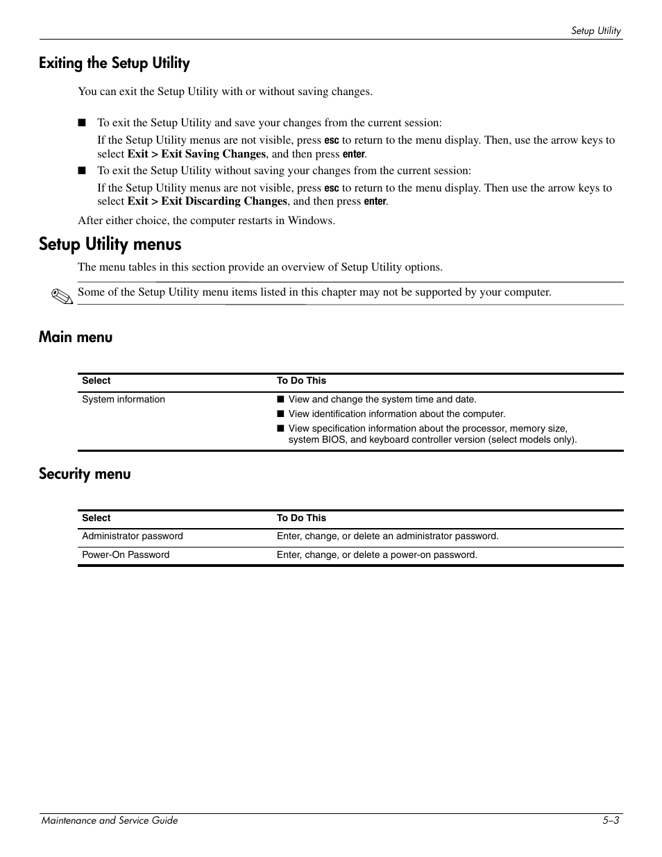 Exiting the setup utility, Setup utility menus, Main menu | Security menu, Exiting the setup utility –3, Setup utility menus –3, Main menu –3 security menu –3, Main menu security menu | HP DV3 User Manual | Page 127 / 182