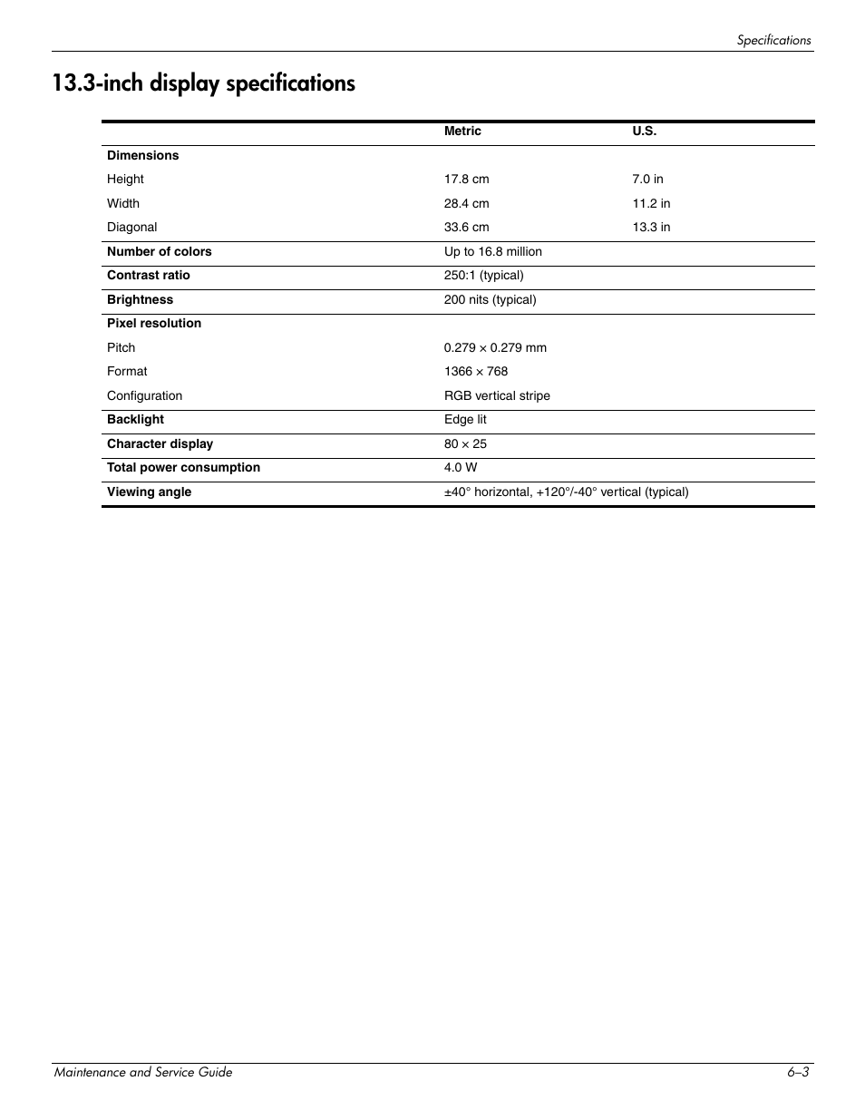 Inch display specifications, Inch display specifications –3 | HP DV3 User Manual | Page 131 / 182