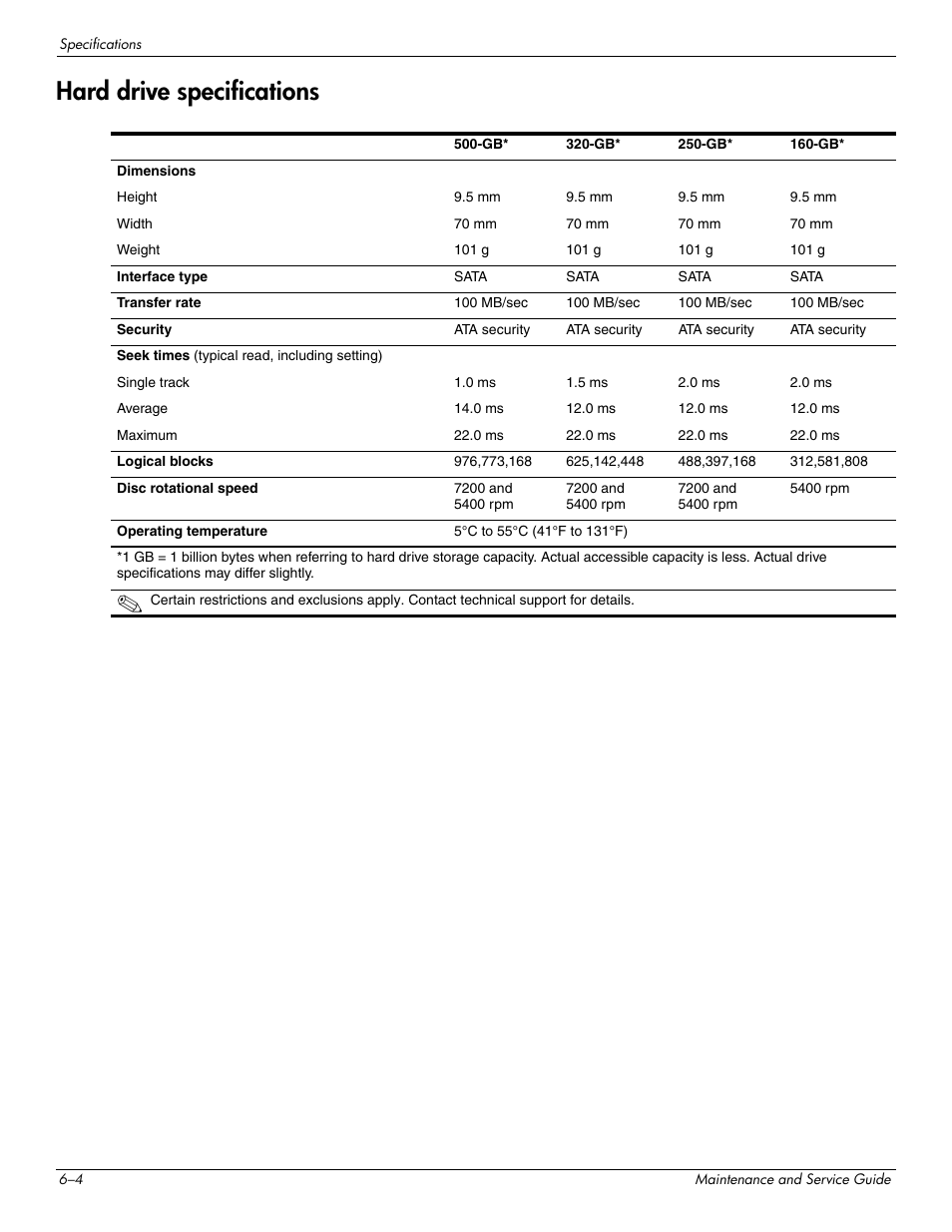 Hard drive specifications, Hard drive specifications –4 | HP DV3 User Manual | Page 132 / 182