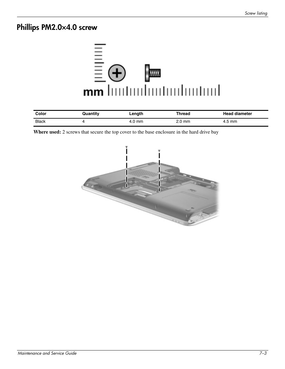 Phillips pm2.0°4.0 screw, Phillips pm2.0×4.0 screw –3, Phillips pm2.0×4.0 screw | HP DV3 User Manual | Page 141 / 182
