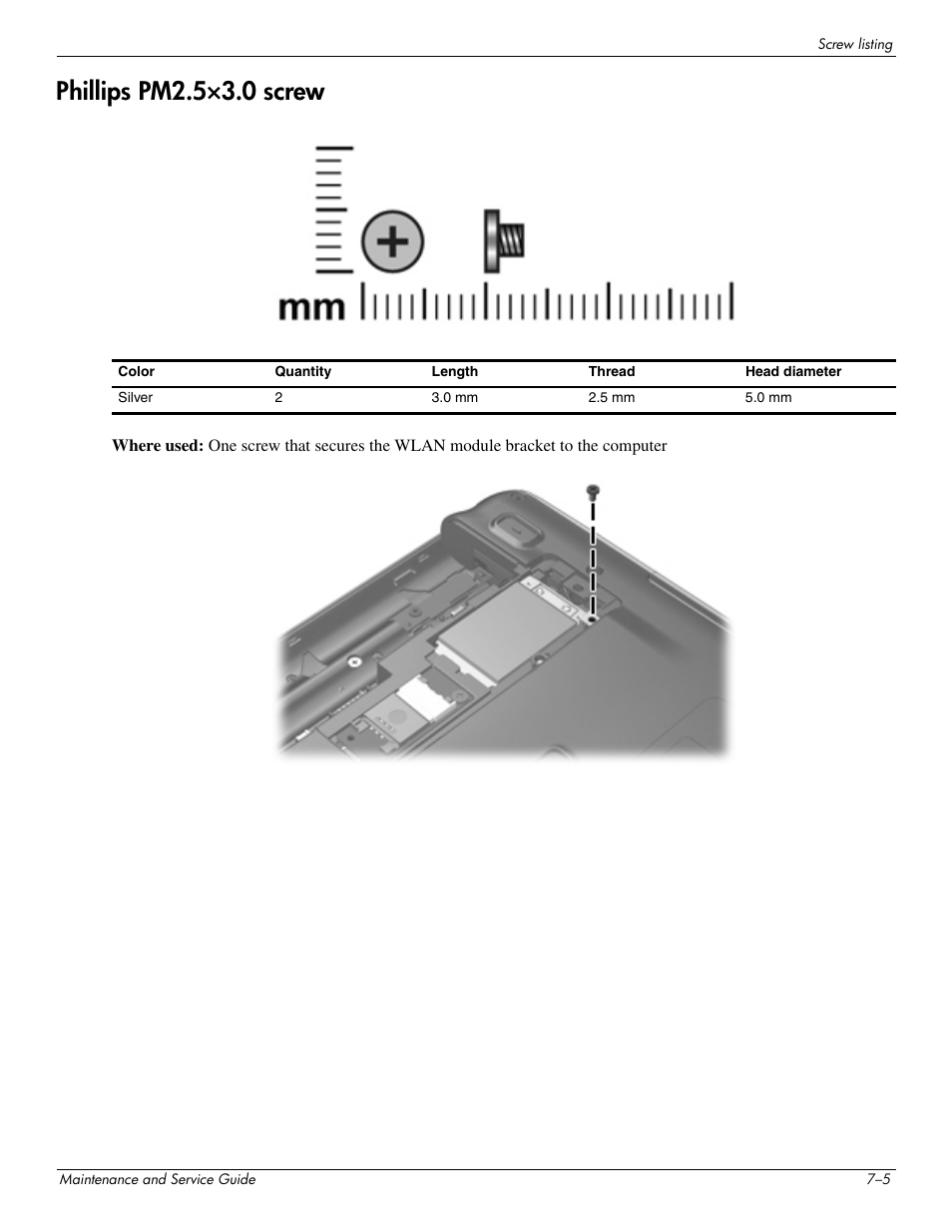 Phillips pm2.5°3.0 screw, Phillips pm2.5×3.0 screw –5, Phillips pm2.5×3.0 screw | HP DV3 User Manual | Page 143 / 182