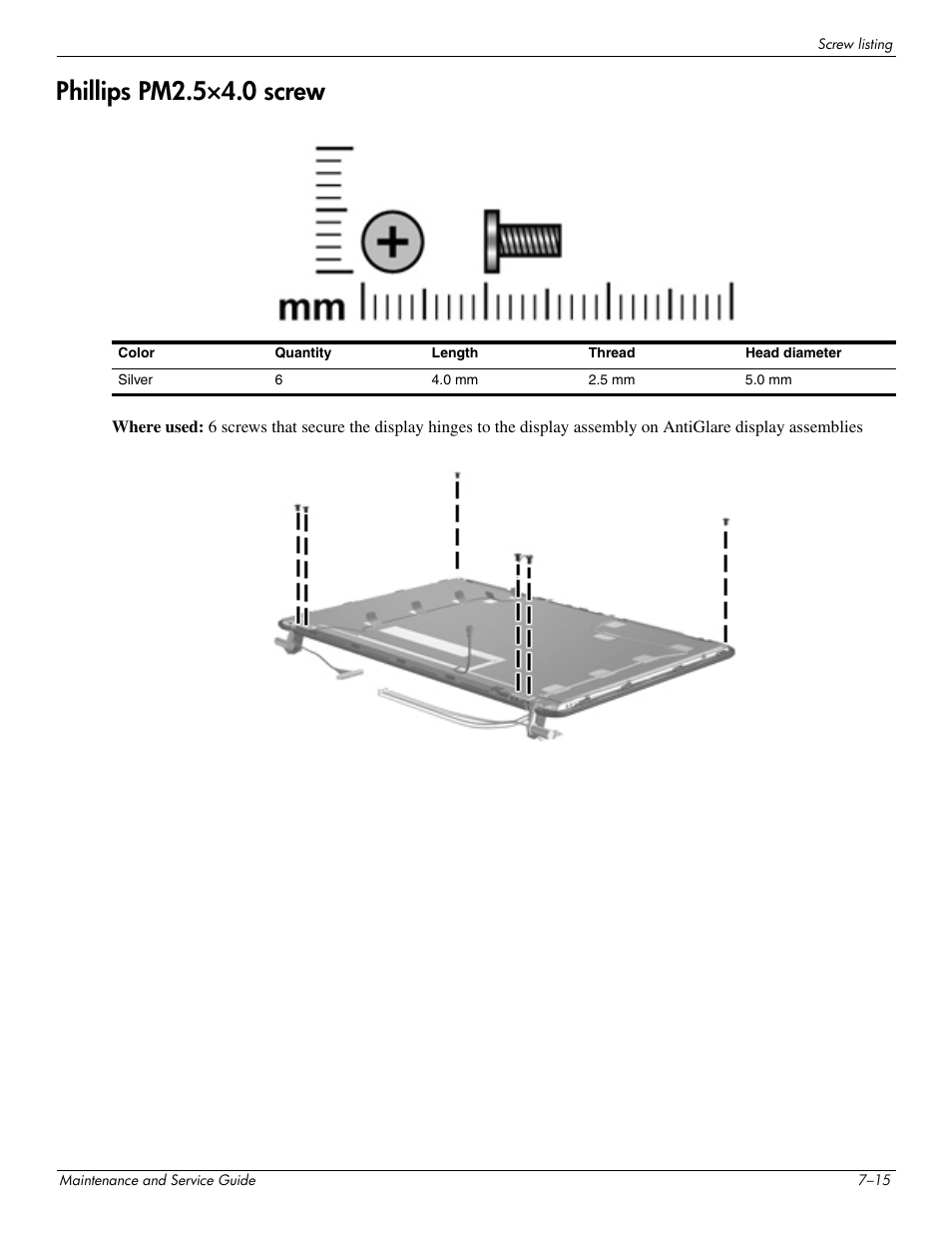 Phillips pm2.5°4.0 screw, Phillips pm2.5×4.0 screw –15, Phillips pm2.5×4.0 screw | HP DV3 User Manual | Page 153 / 182