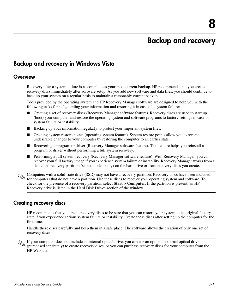 Backup and recovery, Backup and recovery in windows vista, Overview | Creating recovery discs, 8 backup and recovery, Backup and recovery in windows vista –1, Overview –1 creating recovery discs –1 | HP DV3 User Manual | Page 157 / 182