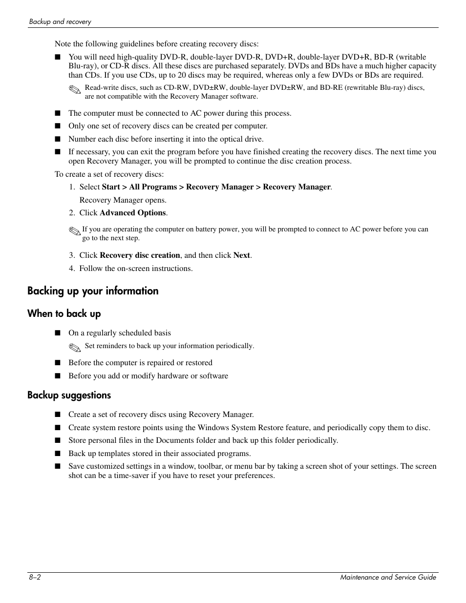 Backing up your information, When to back up, Backup suggestions | Backing up your information –2 | HP DV3 User Manual | Page 158 / 182