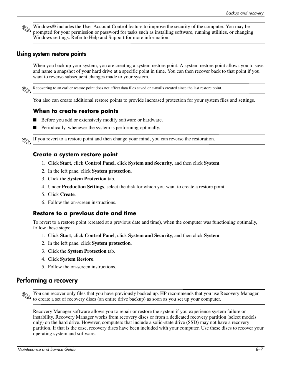 Using system restore points, Performing a recovery, Performing a recovery –7 | HP DV3 User Manual | Page 163 / 182