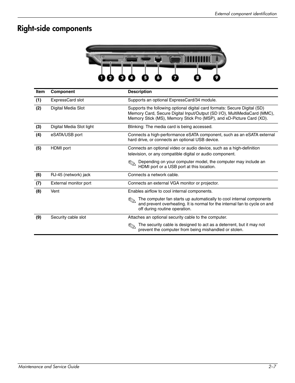 Right-side components, Right-side components –7 | HP DV3 User Manual | Page 21 / 182