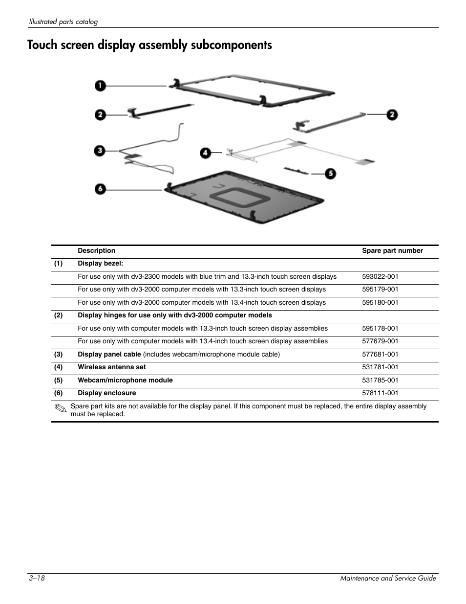 Touch screen display assembly subcomponents, Touch screen display assembly subcomponents –18 | HP DV3 User Manual | Page 42 / 182