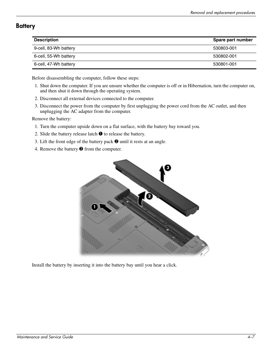 Battery, Battery –7 | HP DV3 User Manual | Page 69 / 182