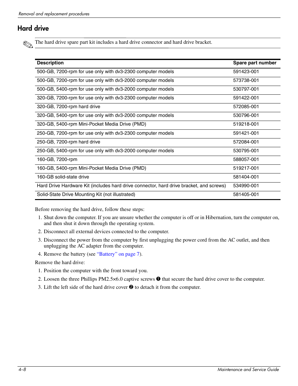 Hard drive, Hard drive –8 | HP DV3 User Manual | Page 70 / 182