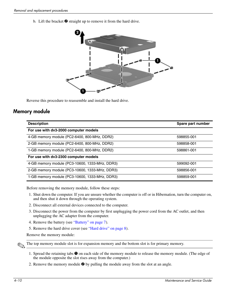 Memory module, Memory module –10 | HP DV3 User Manual | Page 72 / 182