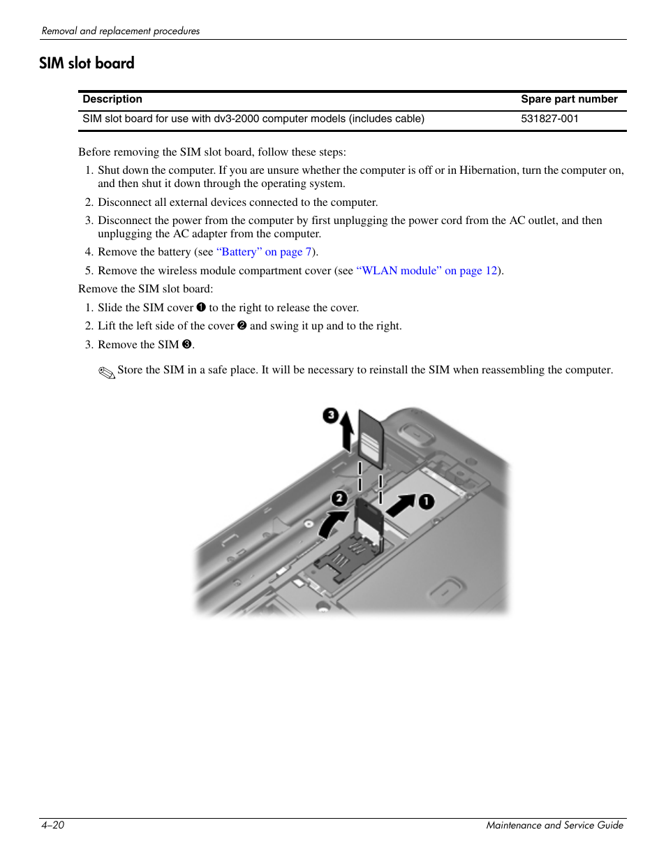 Sim slot board, Sim slot board –20 | HP DV3 User Manual | Page 82 / 182