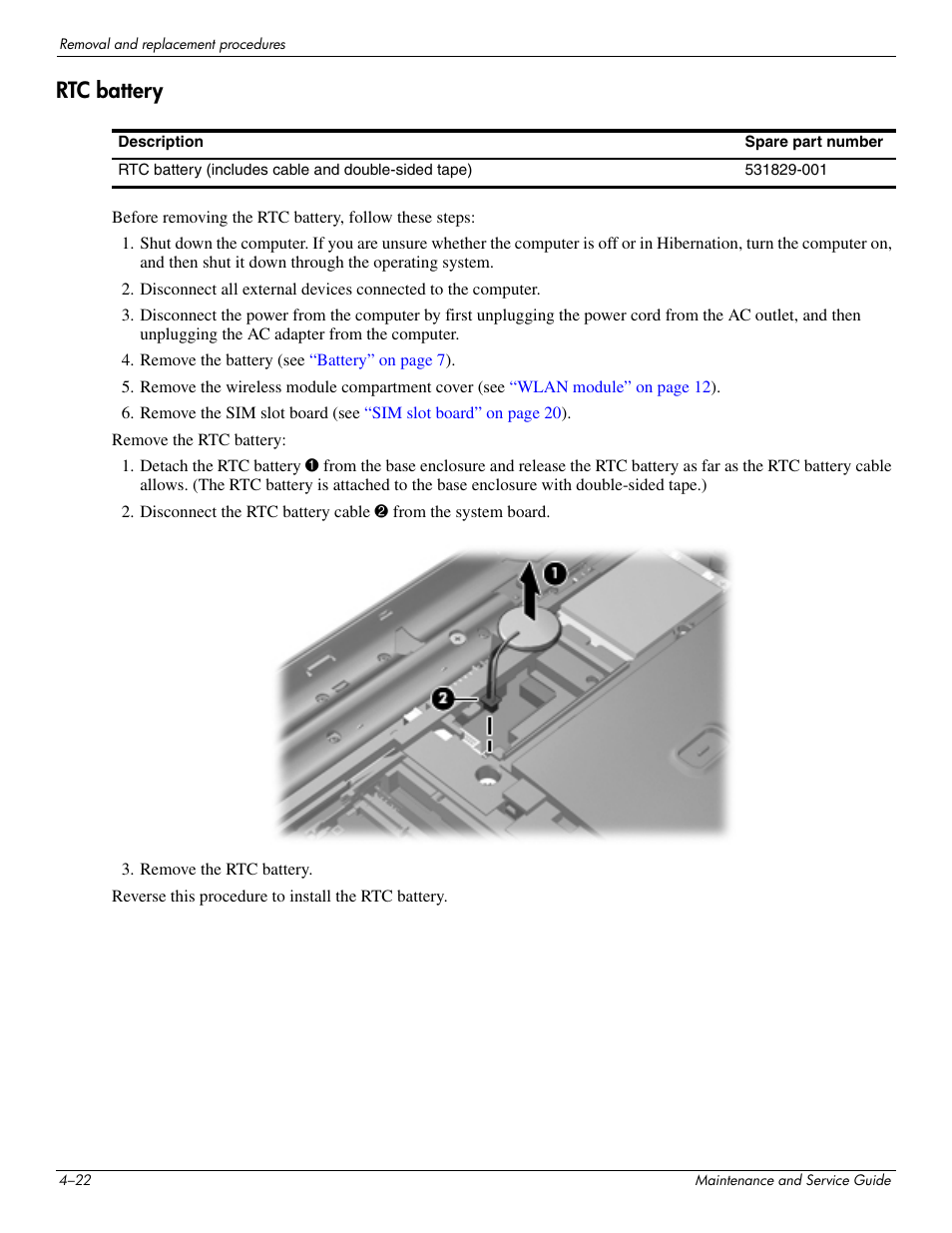 Rtc battery, Rtc battery –22 | HP DV3 User Manual | Page 84 / 182