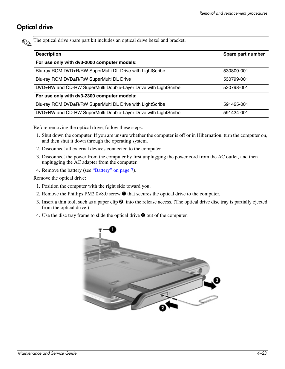 Optical drive, Optical drive –23 | HP DV3 User Manual | Page 85 / 182
