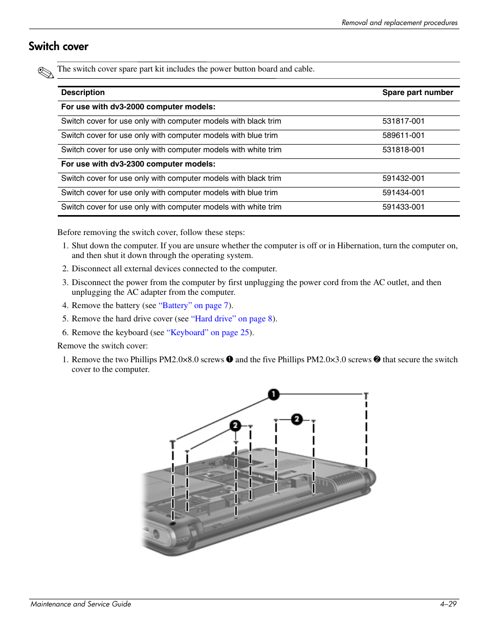 Switch cover, Switch cover –29 | HP DV3 User Manual | Page 91 / 182