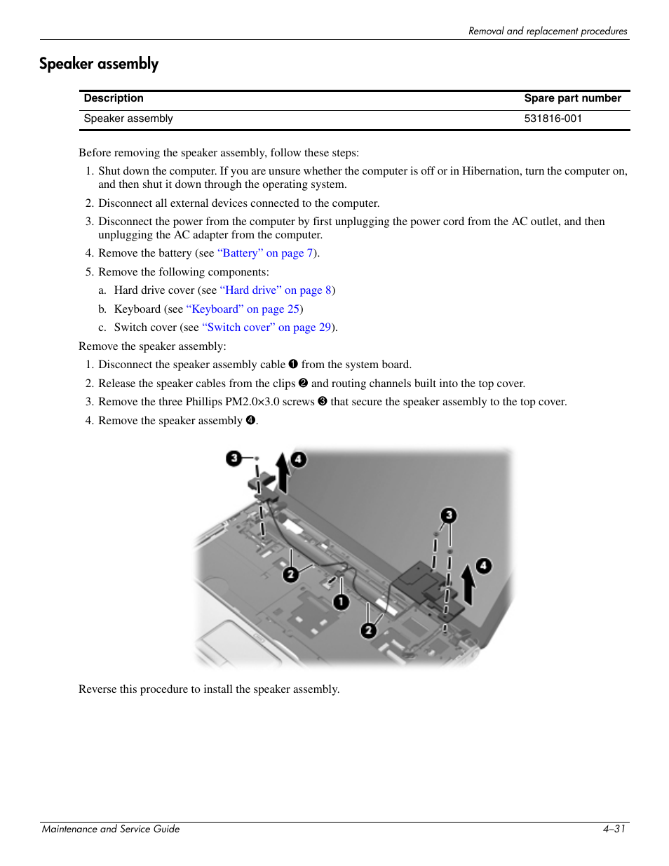 Speaker assembly, Speaker assembly –31 | HP DV3 User Manual | Page 93 / 182