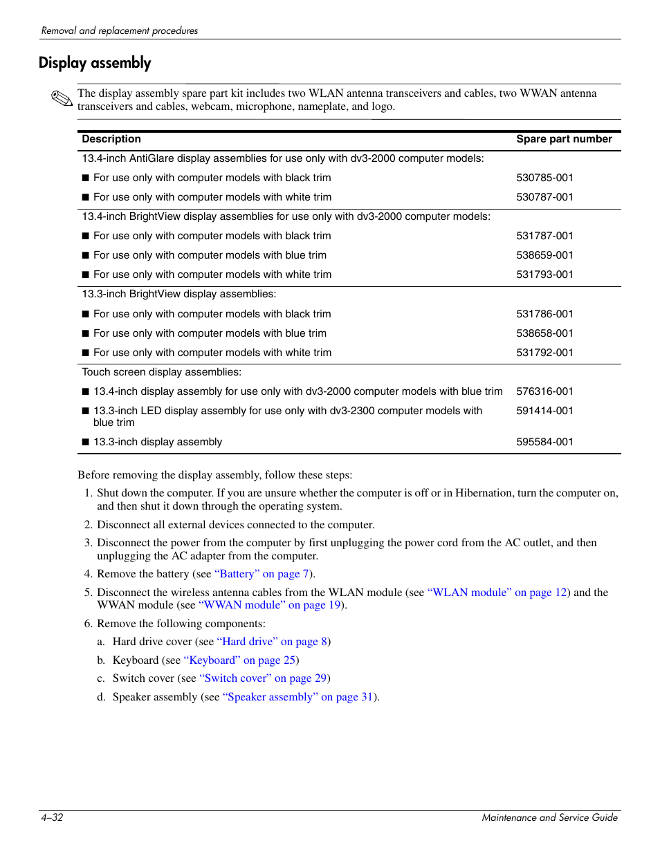Display assembly, Display assembly –32 | HP DV3 User Manual | Page 94 / 182