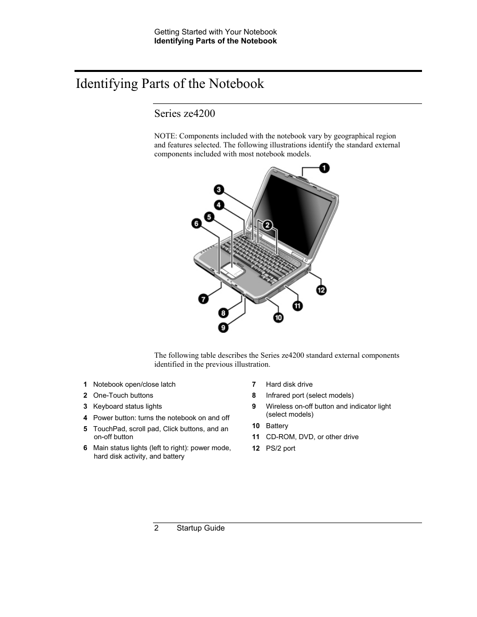 Identifying parts of the notebook, Series ze4200 | HP Notebook PC User Manual | Page 10 / 41