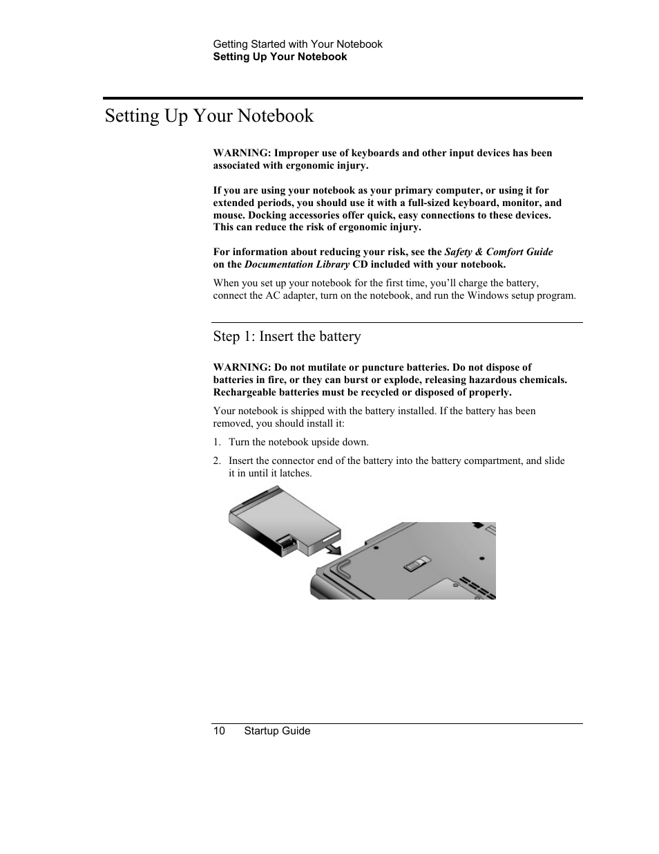 Setting up your notebook, Step 1: insert the battery | HP Notebook PC User Manual | Page 18 / 41