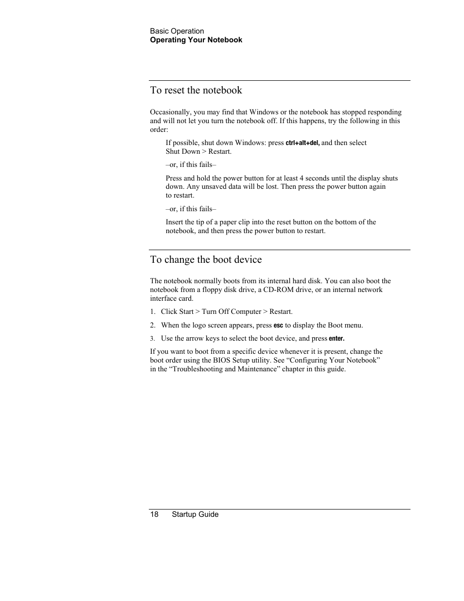 To reset the notebook, To change the boot device | HP Notebook PC User Manual | Page 26 / 41