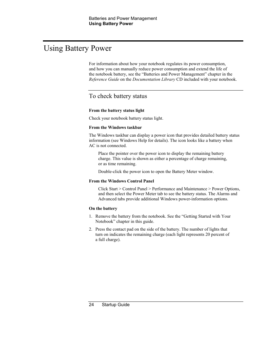 Using battery power, To check battery status | HP Notebook PC User Manual | Page 31 / 41