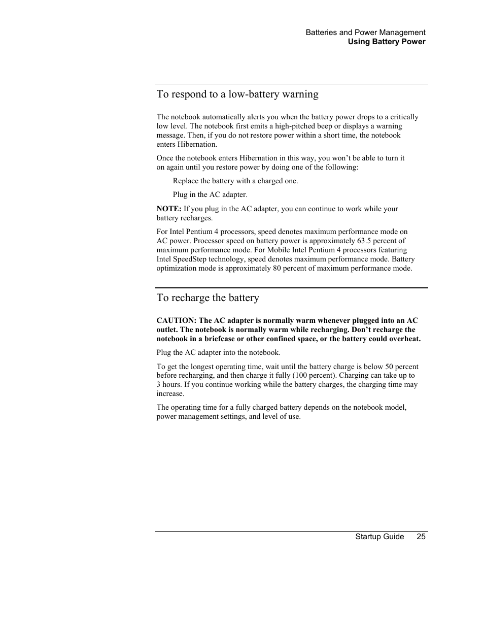 To respond to a low-battery warning, To recharge the battery | HP Notebook PC User Manual | Page 32 / 41
