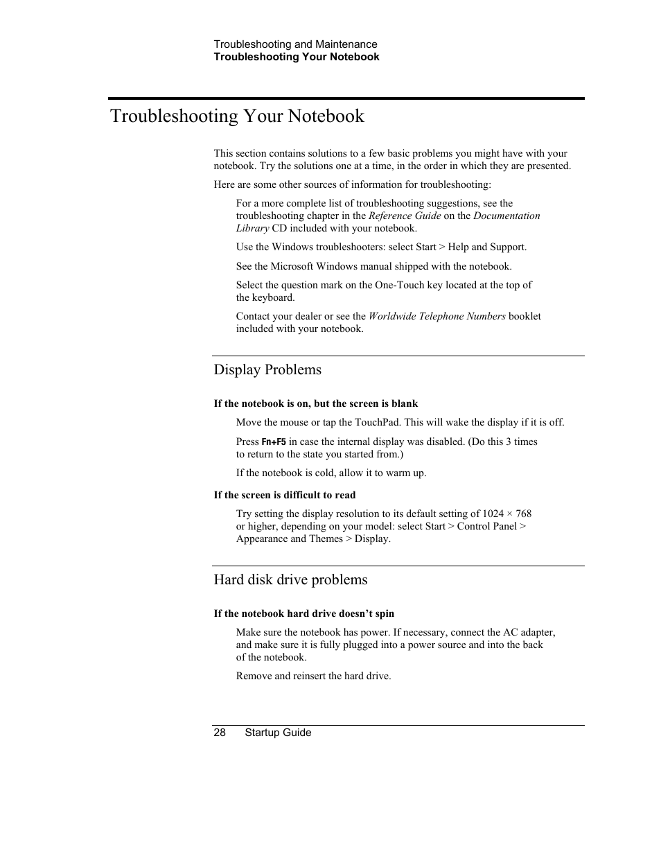 Troubleshooting your notebook, Display problems, Hard disk drive problems | HP Notebook PC User Manual | Page 34 / 41