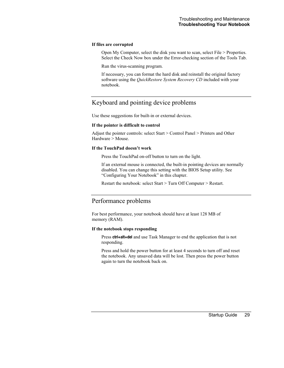 Keyboard and pointing device problems, Performance problems | HP Notebook PC User Manual | Page 35 / 41