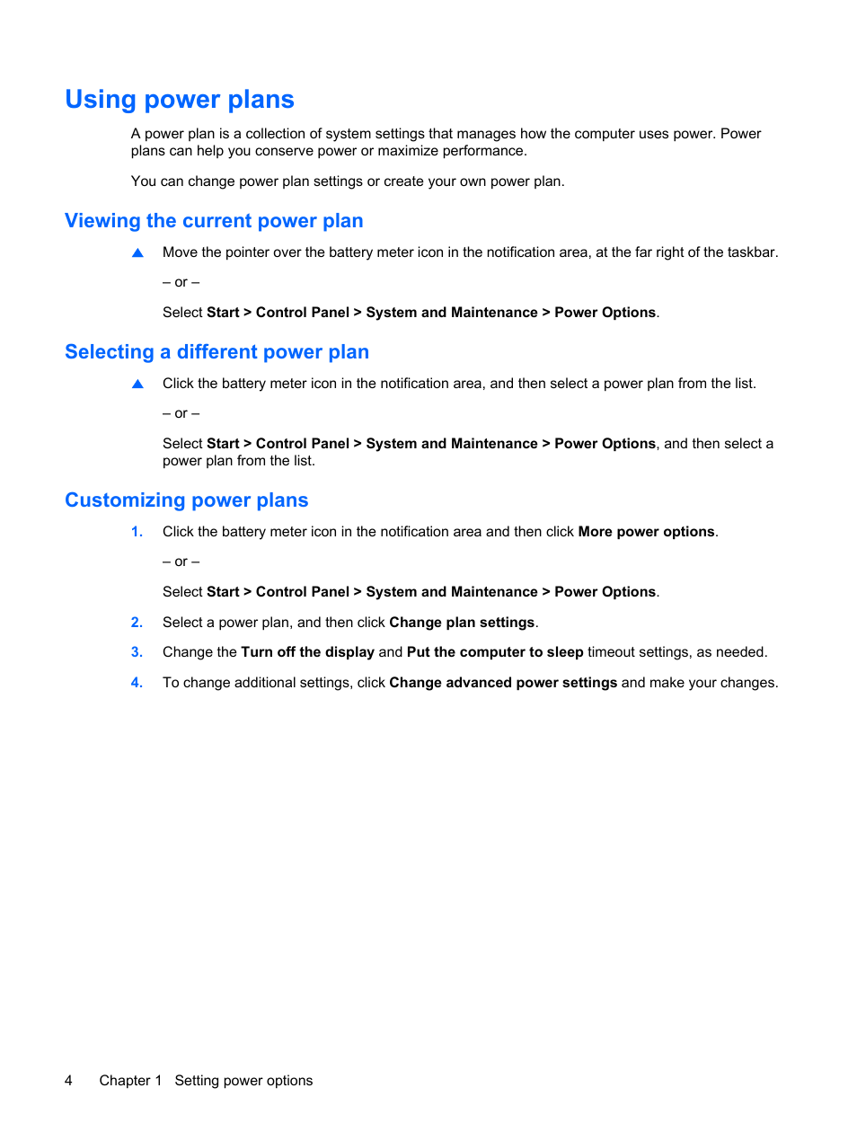 Using power plans, Viewing the current power plan, Selecting a different power plan | Customizing power plans | HP Power Management System User Manual | Page 10 / 32