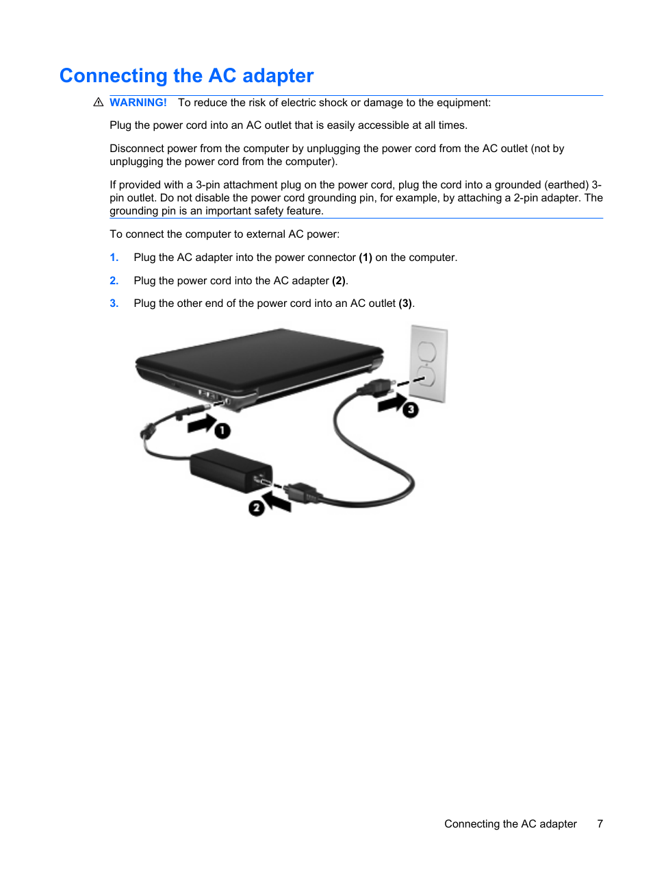 Connecting the ac adapter | HP Power Management System User Manual | Page 13 / 32