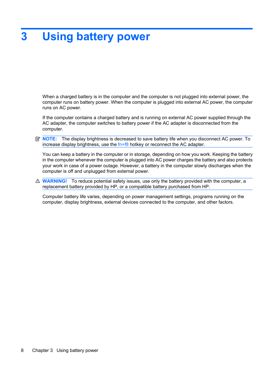 Using battery power, 3 using battery power, 3using battery power | HP Power Management System User Manual | Page 14 / 32