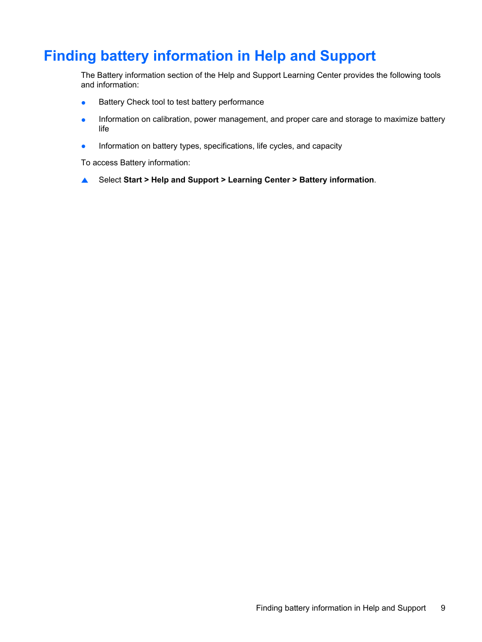 Finding battery information in help and support | HP Power Management System User Manual | Page 15 / 32