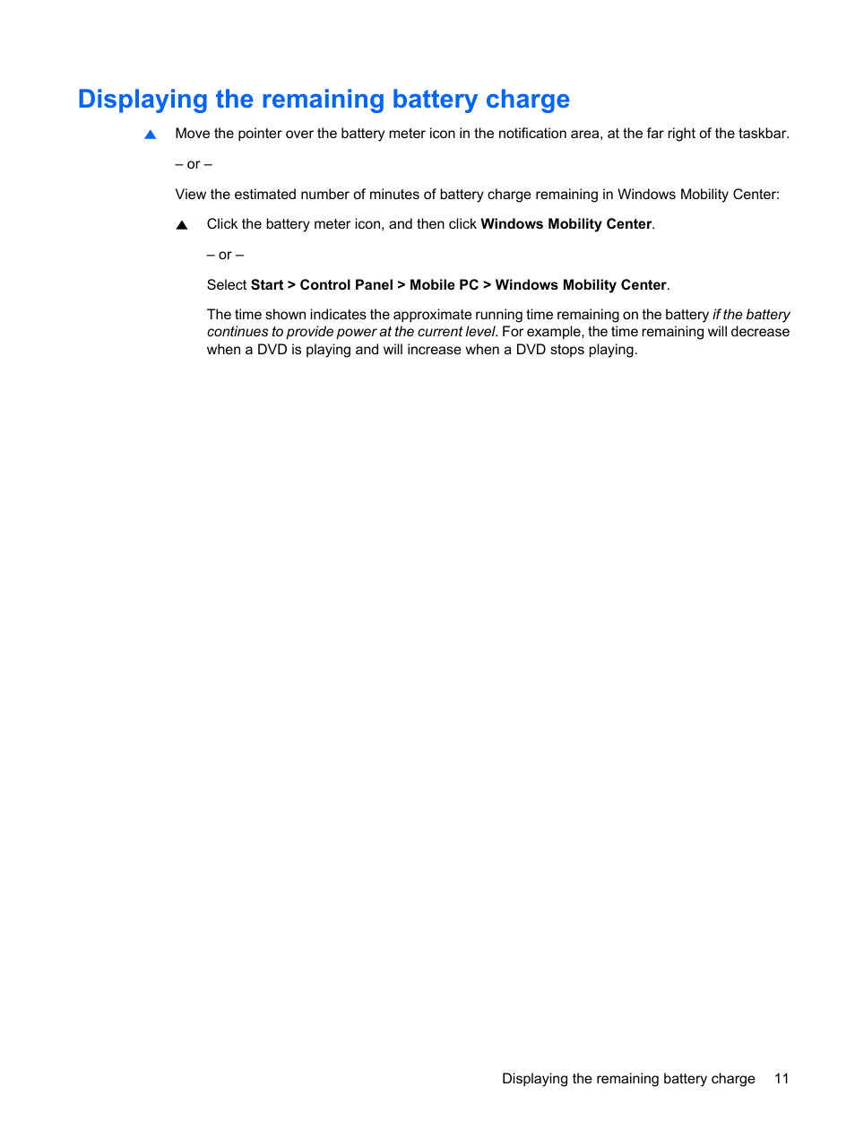 Displaying the remaining battery charge | HP Power Management System User Manual | Page 17 / 32