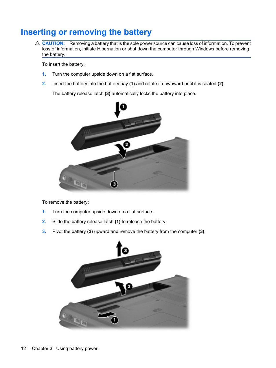 Inserting or removing the battery | HP Power Management System User Manual | Page 18 / 32