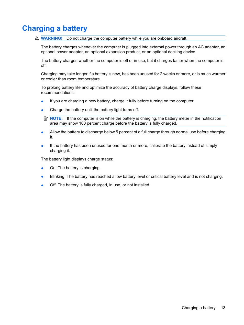 Charging a battery | HP Power Management System User Manual | Page 19 / 32