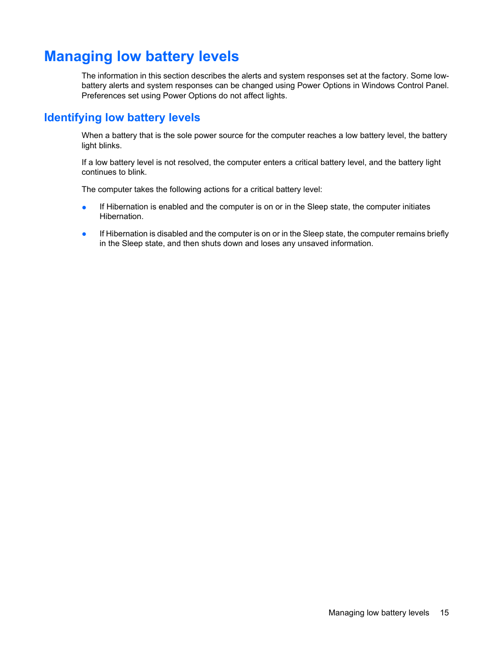 Managing low battery levels, Identifying low battery levels | HP Power Management System User Manual | Page 21 / 32