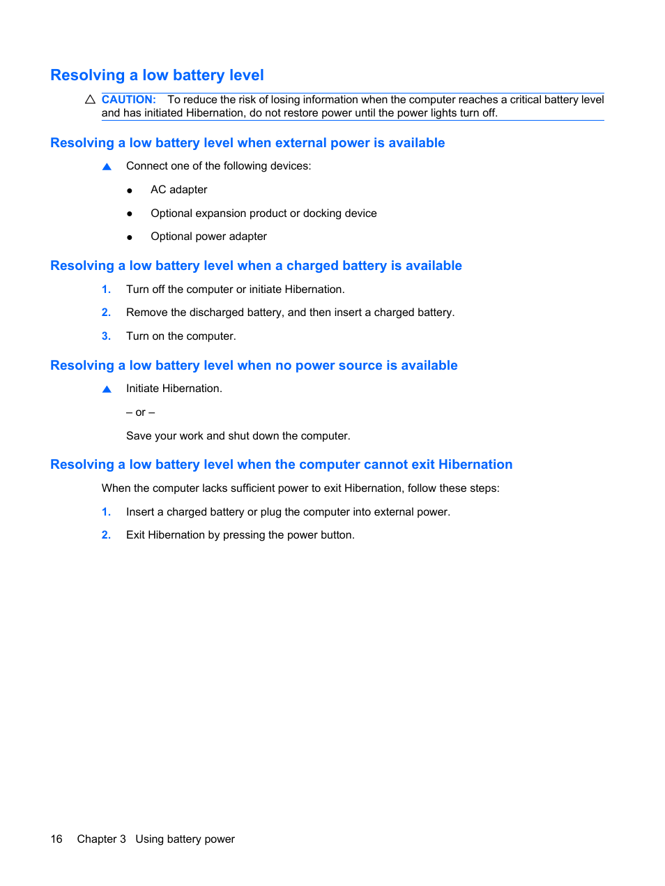 Resolving a low battery level | HP Power Management System User Manual | Page 22 / 32