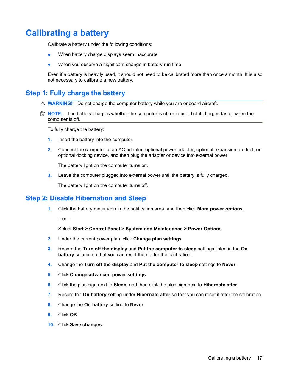 Calibrating a battery, Step 1: fully charge the battery, Step 2: disable hibernation and sleep | HP Power Management System User Manual | Page 23 / 32