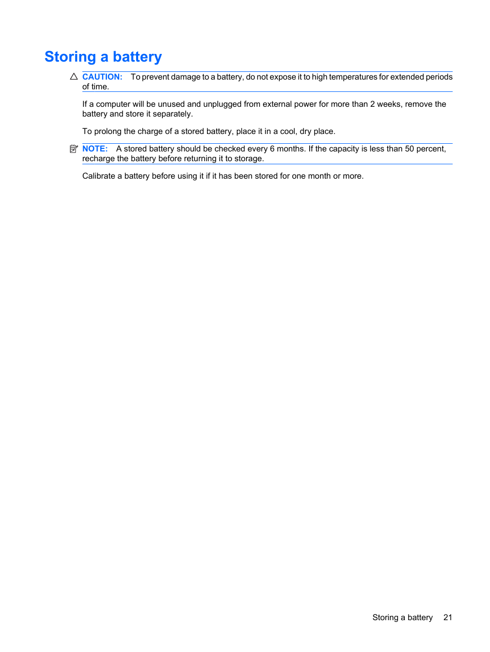 Storing a battery | HP Power Management System User Manual | Page 27 / 32