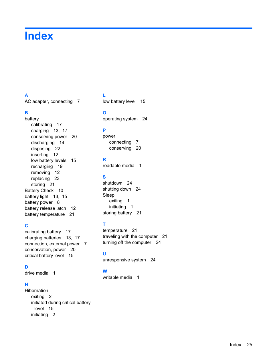 Index | HP Power Management System User Manual | Page 31 / 32