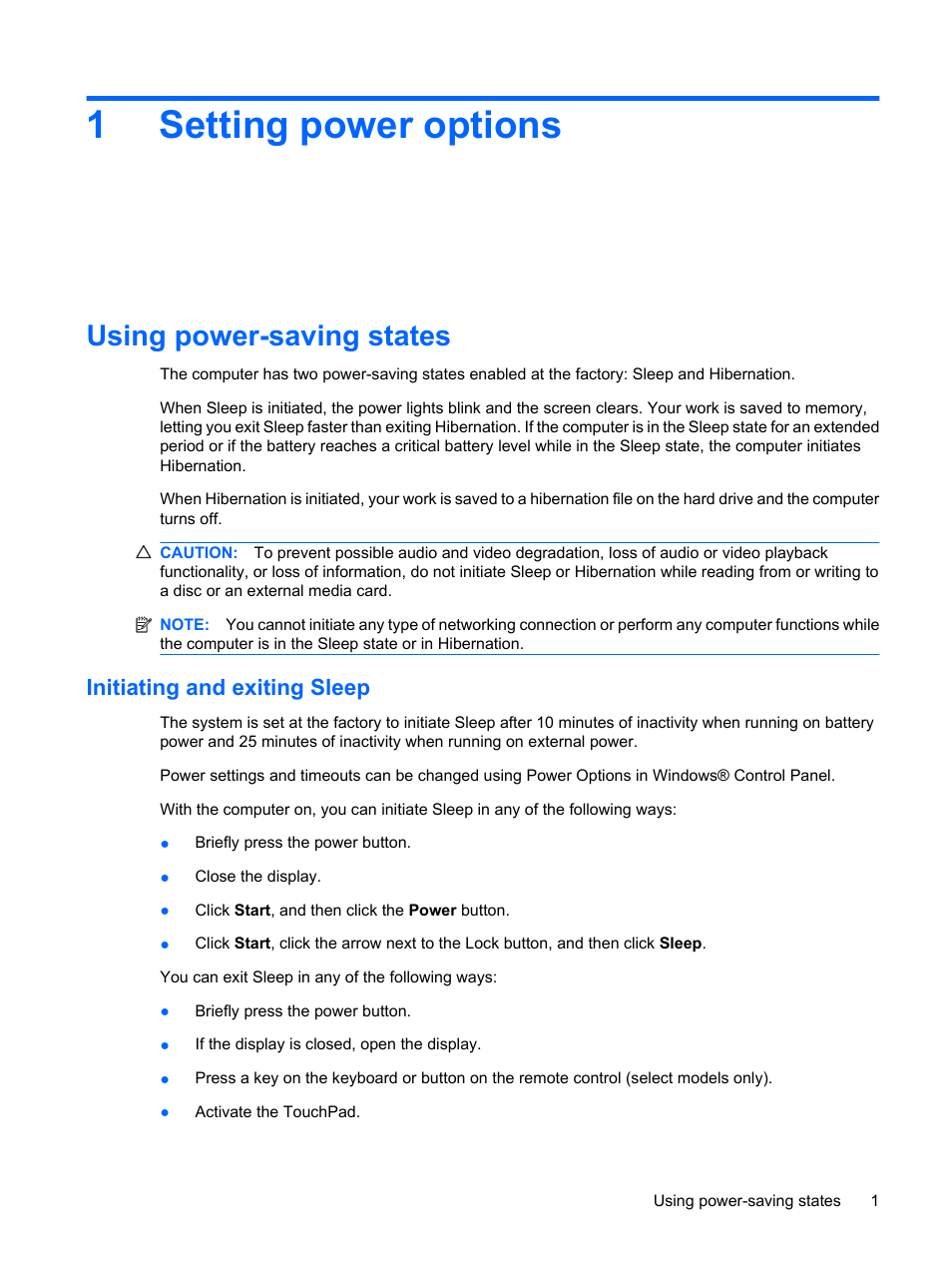 Setting power options, Using power-saving states, Initiating and exiting sleep | 1 setting power options, 1setting power options | HP Power Management System User Manual | Page 7 / 32