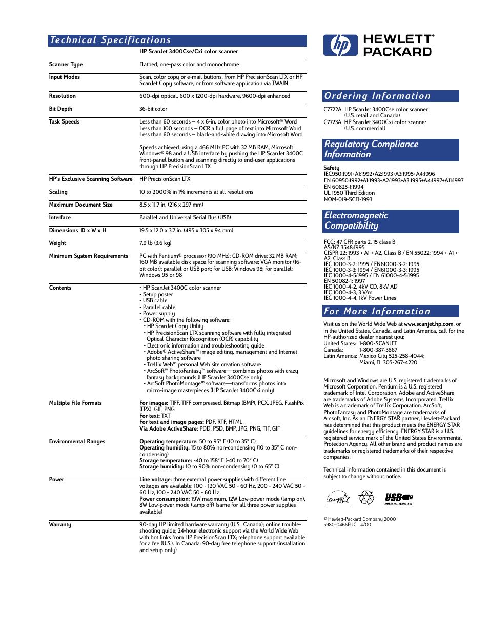 HP ScanJet 3400Cxi User Manual | 2 pages