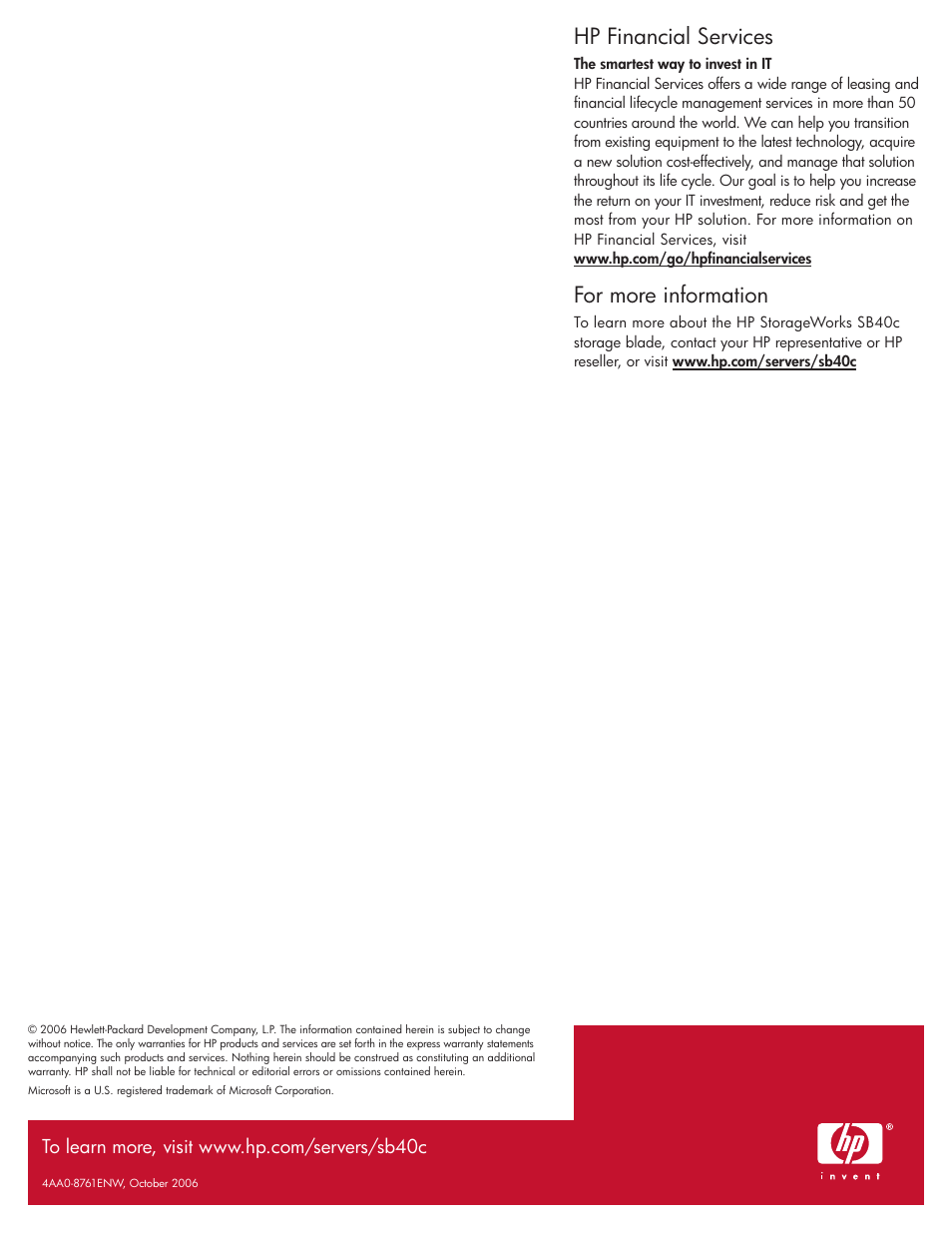 Hp financial services, For more information | HP SB40c User Manual | Page 4 / 4