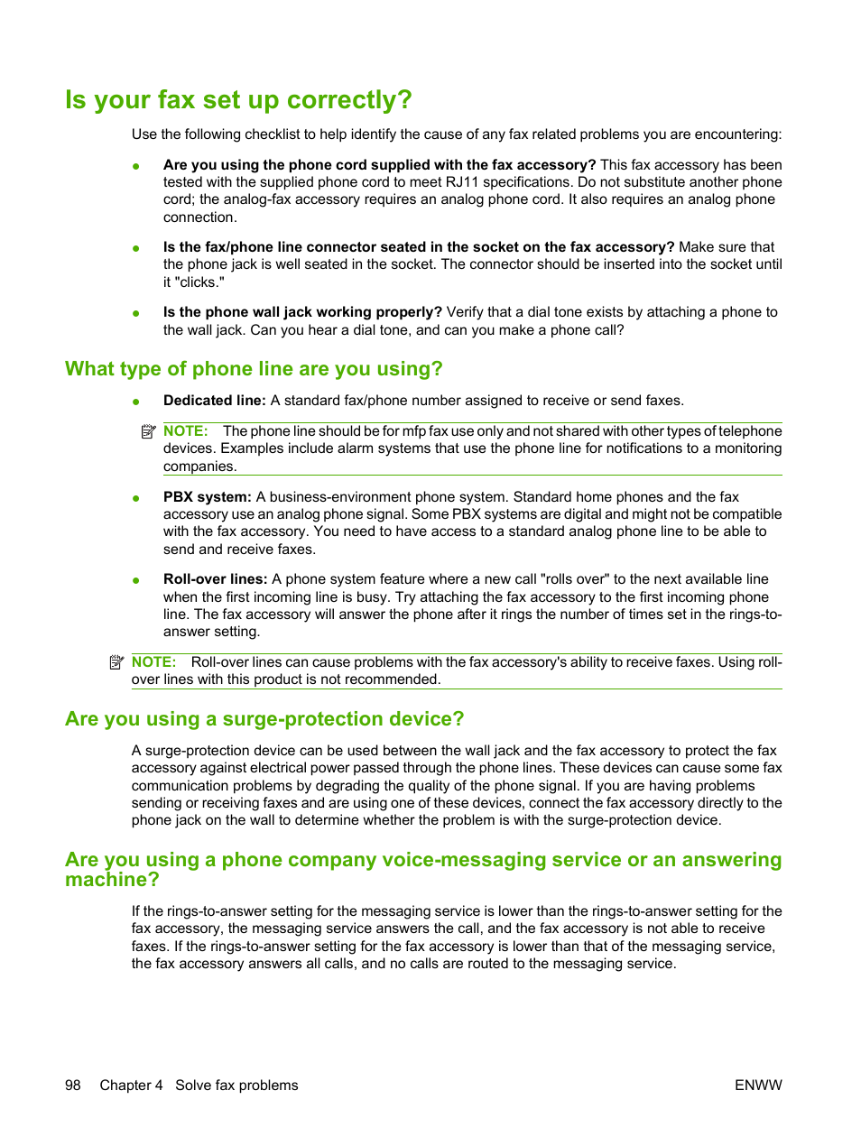 Is your fax set up correctly, What type of phone line are you using, Are you using a surge-protection device | HP LASERJET 300 User Manual | Page 106 / 148